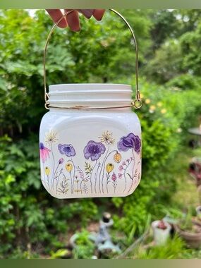 Floral White Glass Jar Lantern with Gold Handle